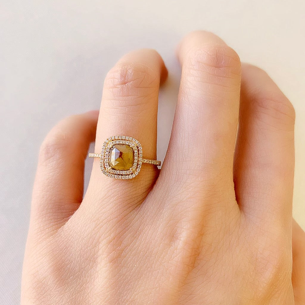 unique rose cut rustic diamond ring with a double halo of micropave diamonds in 18k gold
