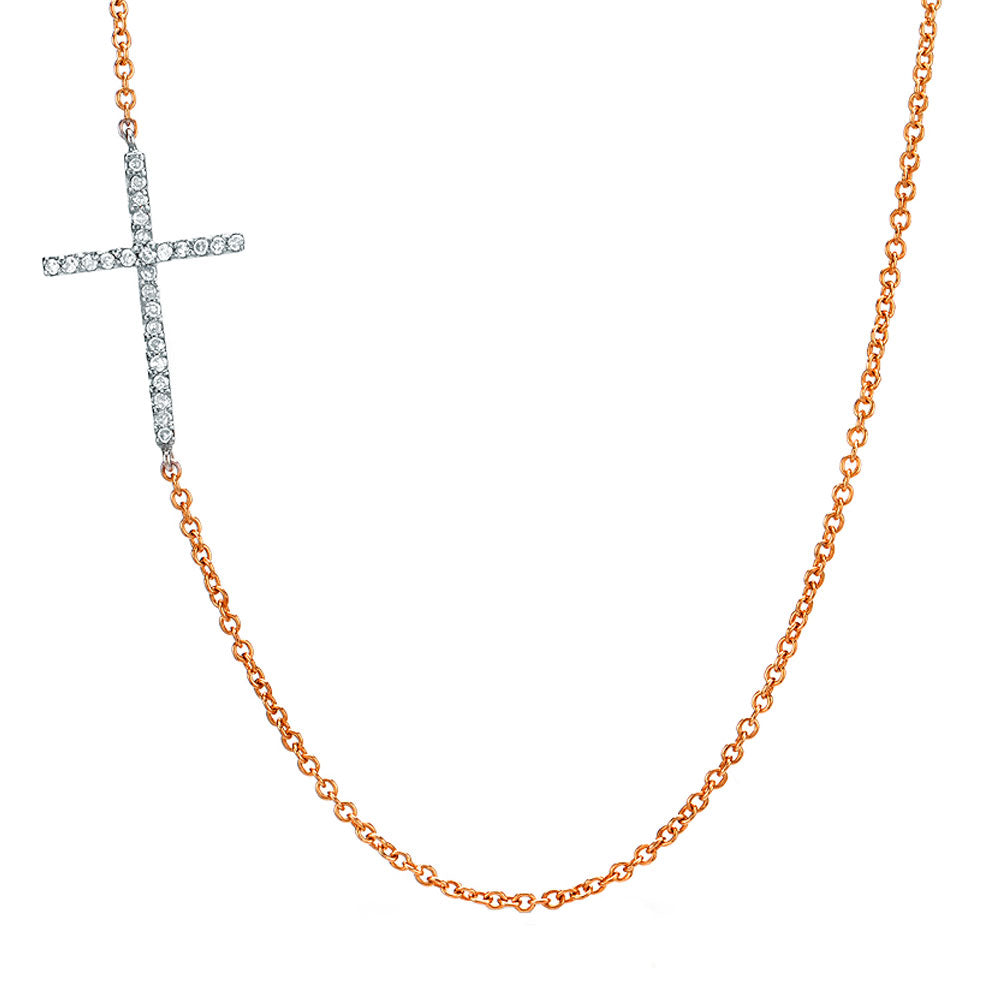 14K Rose Gold Sideways Curved Diamond Cross Necklace | Shop 14k Rose Gold  Faith Necklaces | Gabriel & Co