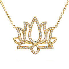 lotus flower silhouette necklace in 14k gold with diamonds