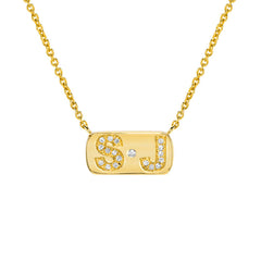 yellow gold and diamond mini plaque initial dot initial necklace