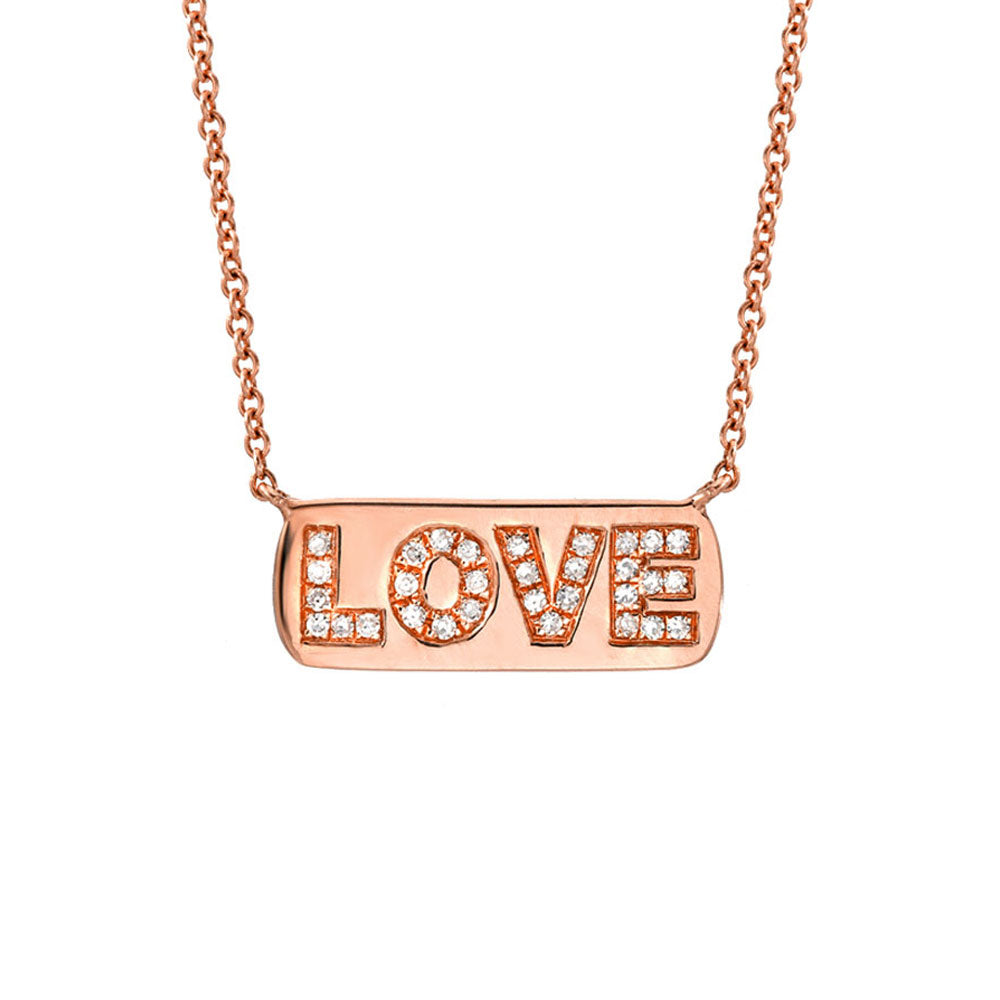 gold and diamond hand carved love plaque wording necklace