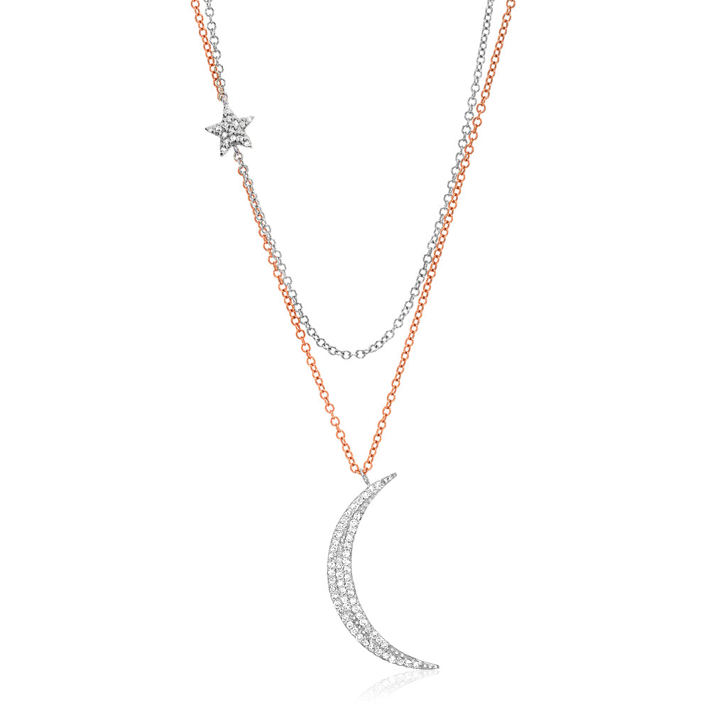 two tone double chain moon and star necklace in rose and white gold