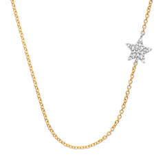 sideways star necklace with diamonds in two tone white and yellow gold