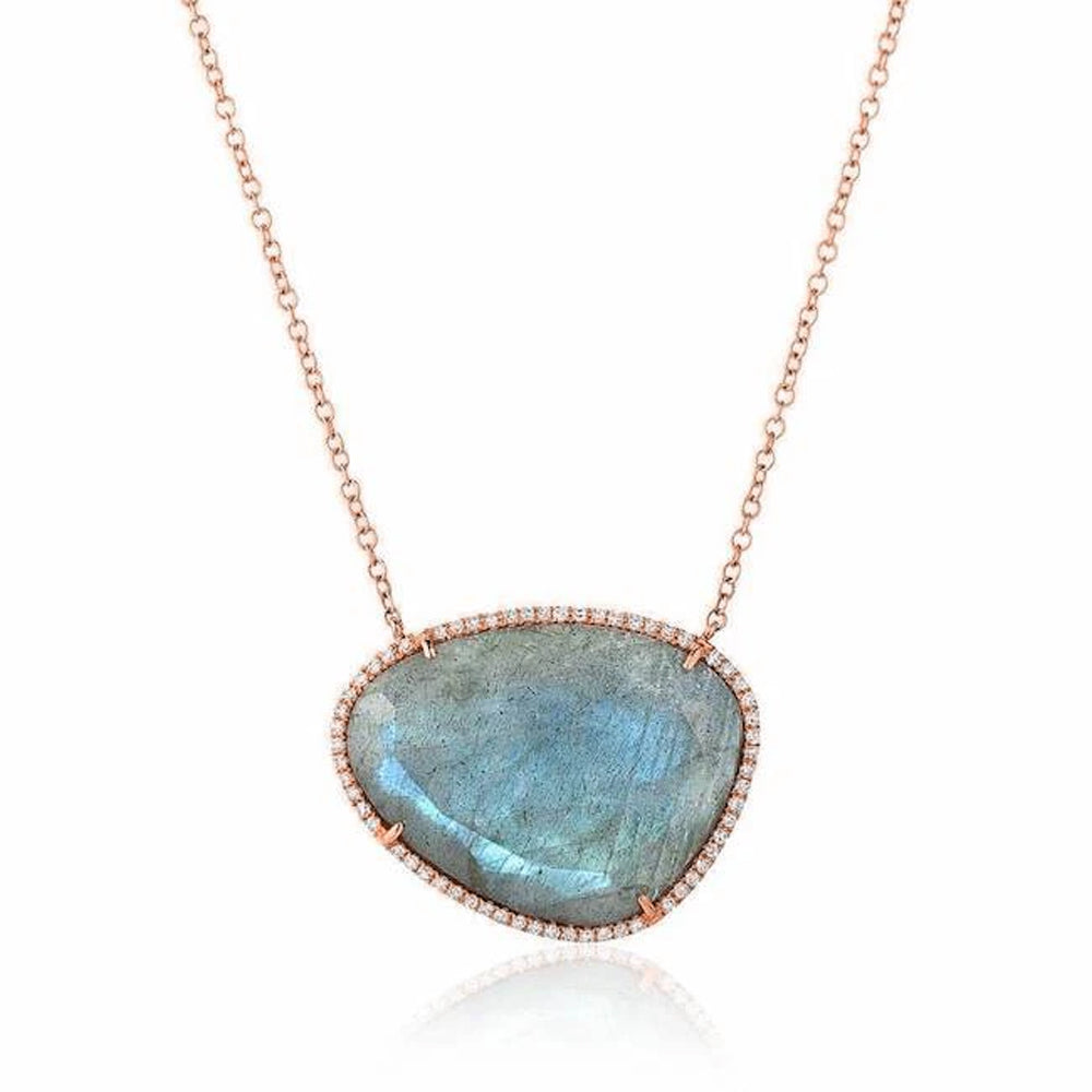 organic shape labradorite and diamond necklace in rose gold