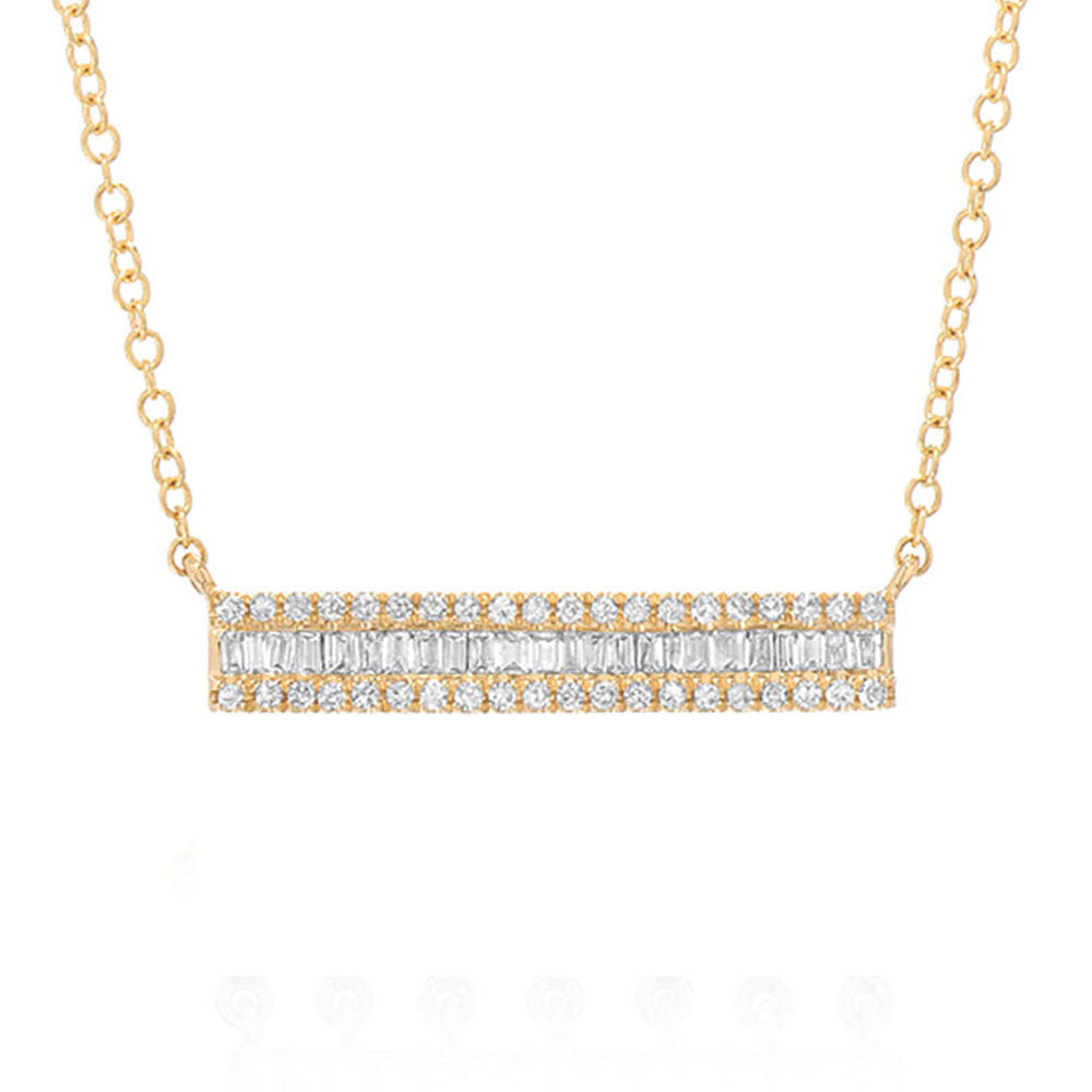 14k gold bar set with baguette and round diamonds