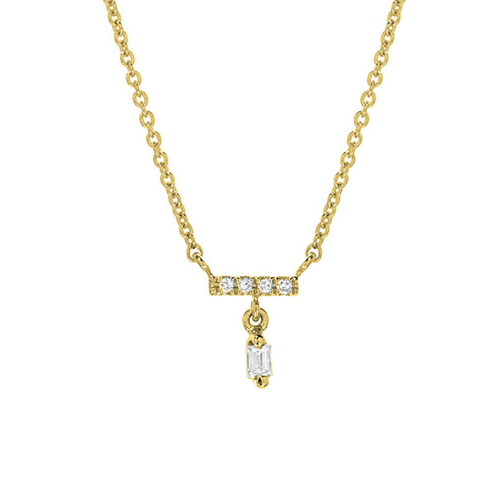 mini bar necklace with dangling baguette diamond in gold