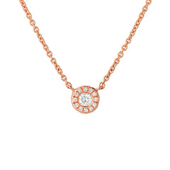 14k gold diamond necklace featuring a central diamond with a micropave diamond halo