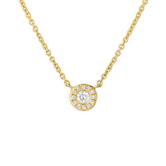 14k gold diamond necklace featuring a central diamond with a micropave diamond halo