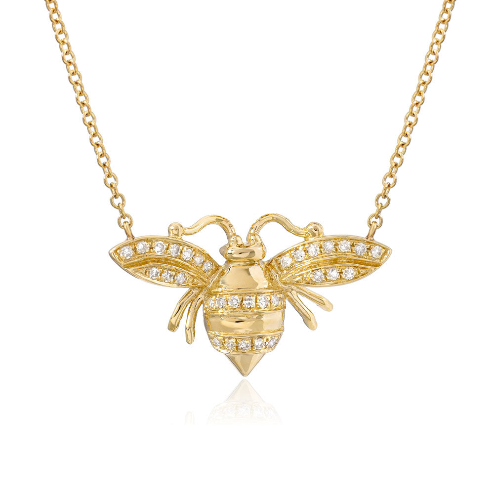 larger bee necklace in 14k yellow gold with diamonds