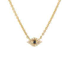 14k gold evil eye necklace with white and black diamonds