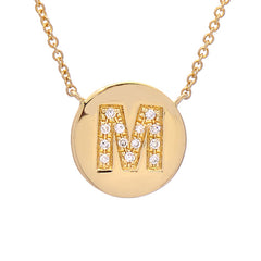 14k gold round disc necklace with diamond initial