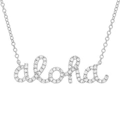 aloha necklace in handwritten script style with diamonds