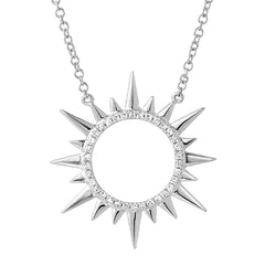 circle sunburst necklace with diamonds in 14k white gold