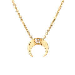 mini crescent horn necklace in 14k high polished gold and diamonds