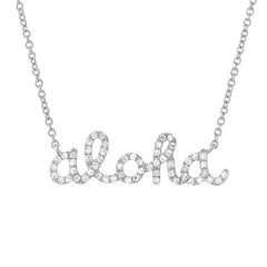 mini aloha script necklace in handwritten style with diamonds