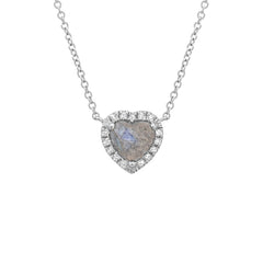 rose cut faceted heart shaped labradorite in a custom made diamond and gold halo