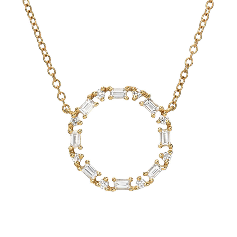 14k gold open circle necklace with alternating round brilliant and baguette cut diamonds
