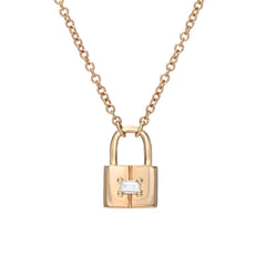 14k gold and baguette diamond key to my heart padlock necklace