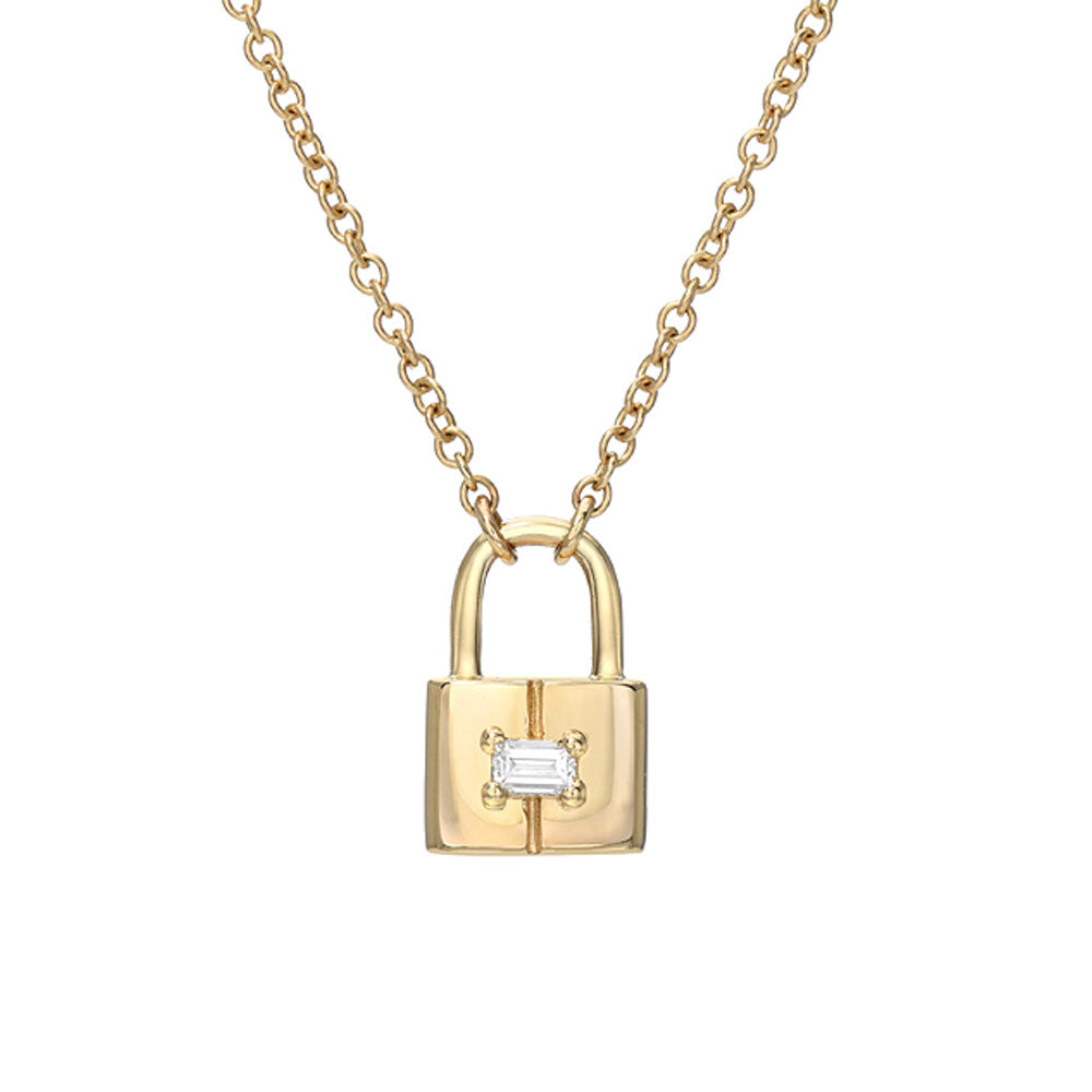 14k gold and baguette diamond key to my heart padlock necklace