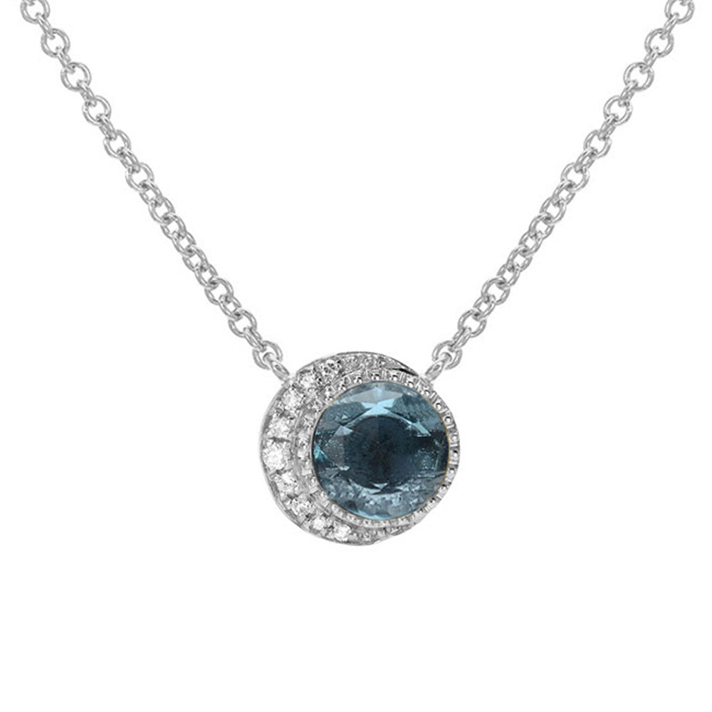 Madison L 14KWG London Blue Topaz and Diamond Flower Pendant Necklace
