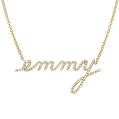 emmy name custom script necklace in 14k gold and diamonds