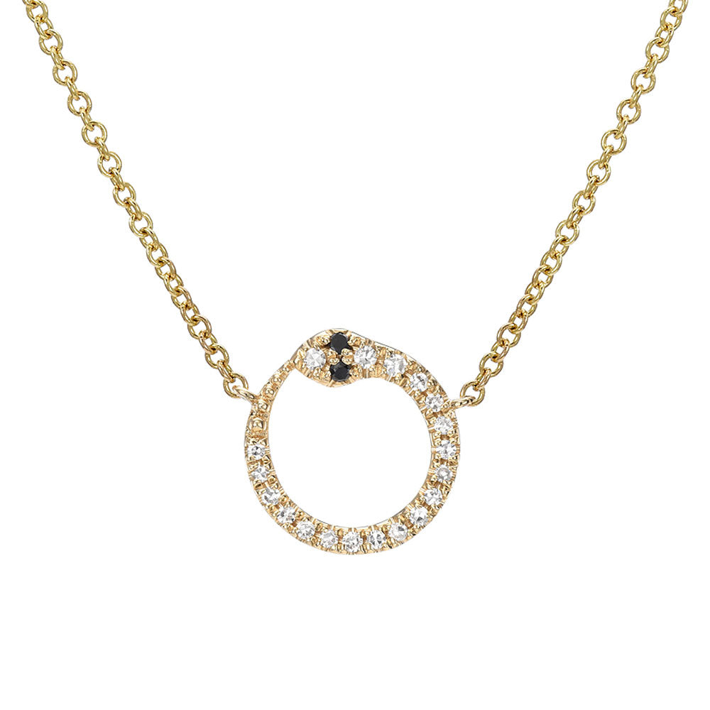 serpent ouroboros necklace in 14k gold with white and black diamonds