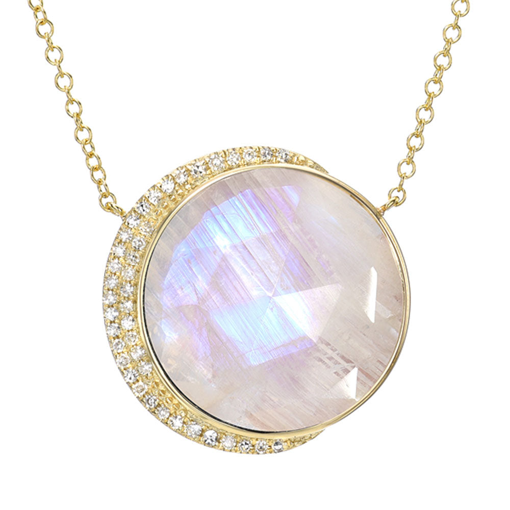 large rose cut moon phase colored stone necklace in 14k solid gold and diamonds
