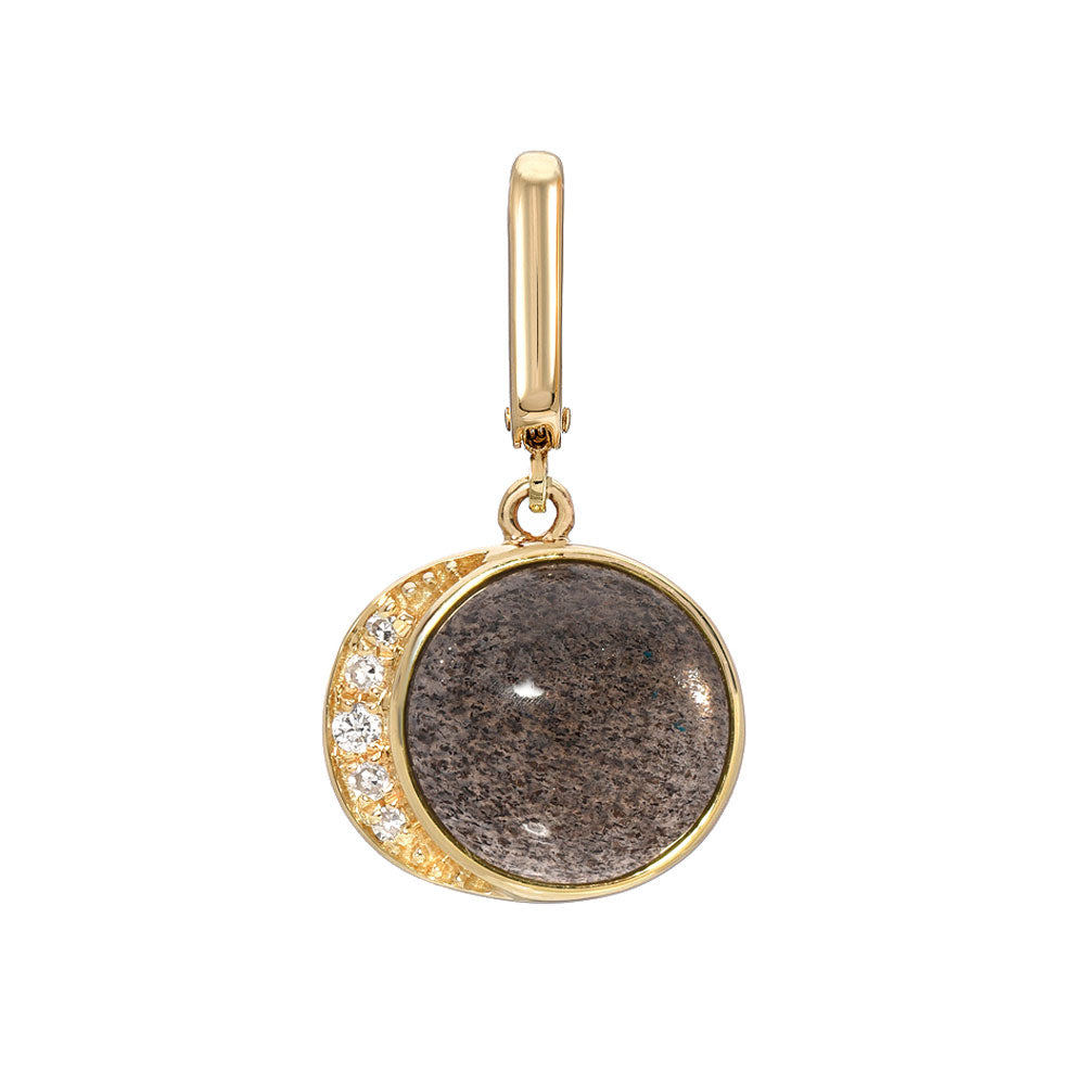 cabochon gray moonstone in a moon phase setting as a clip charm in 14k gold with diamonds