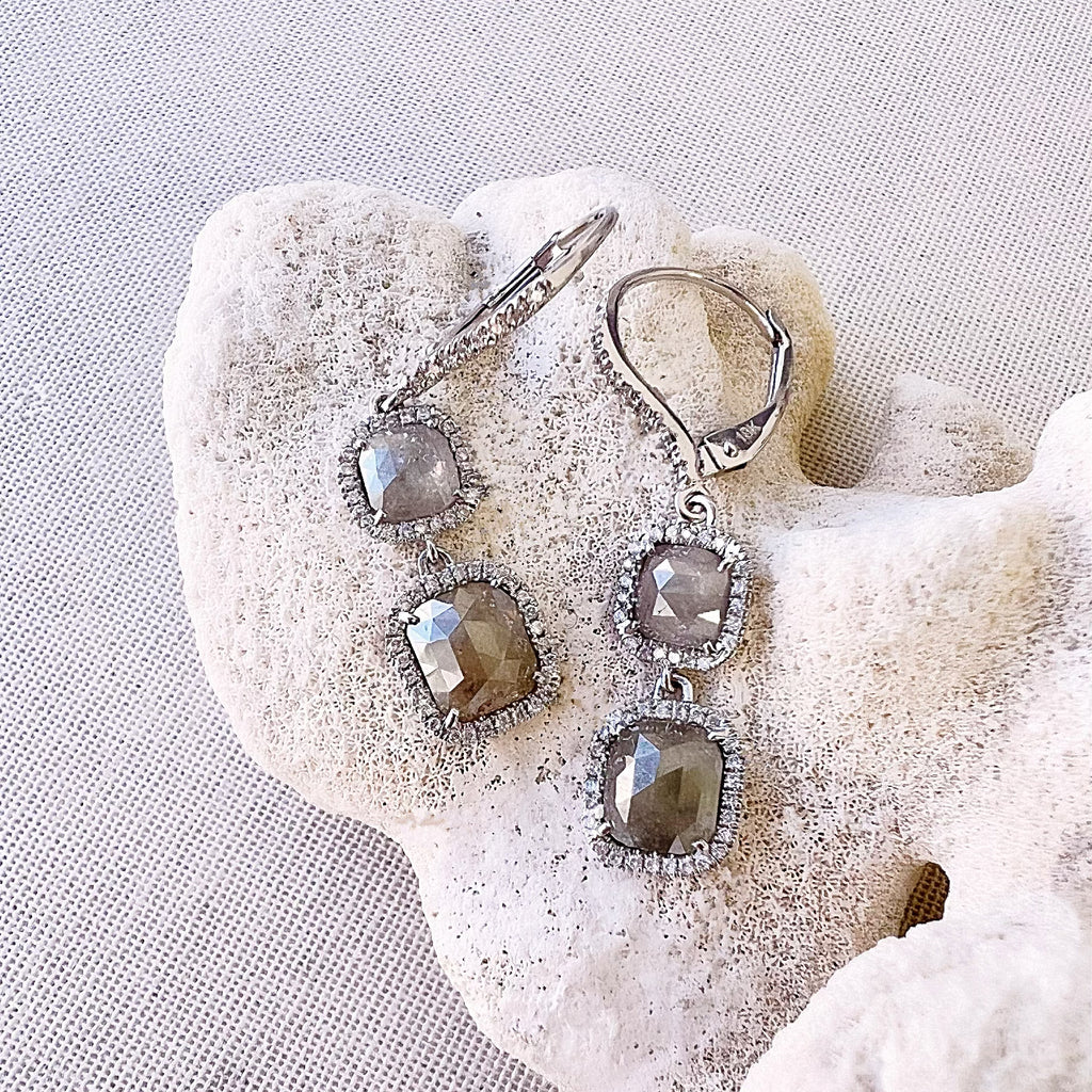 One of a Kind Double Drop Rustic Diamond Earrings in White Gold