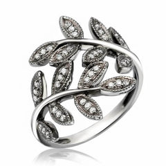 leaf ring with diamonds in black rhodium