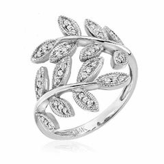 leaf ring with diamonds in white gold
