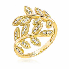 leaf ring with diamonds in yellow gold