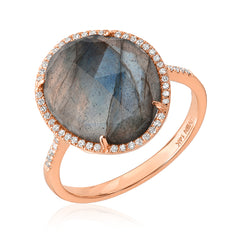 organic shape rose cut labradorite ring in rose gold