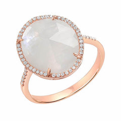 organic shape rose cut rainbow moonstone ring in rose gold