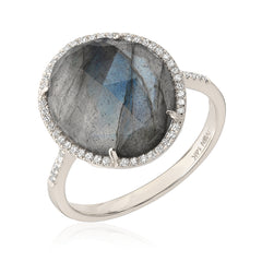 organic shape rose cut labradorite ring in white gold