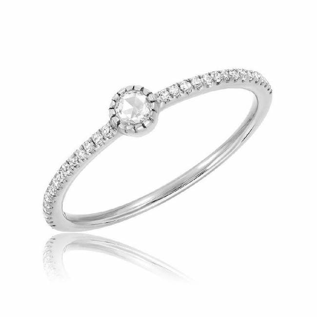 single rose cut diamond on halfway band in white gold