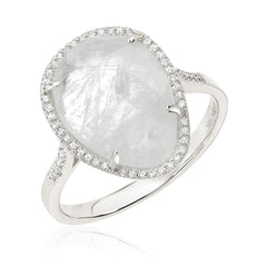 Organic shaped rainbow moonstone ring in diamond halo