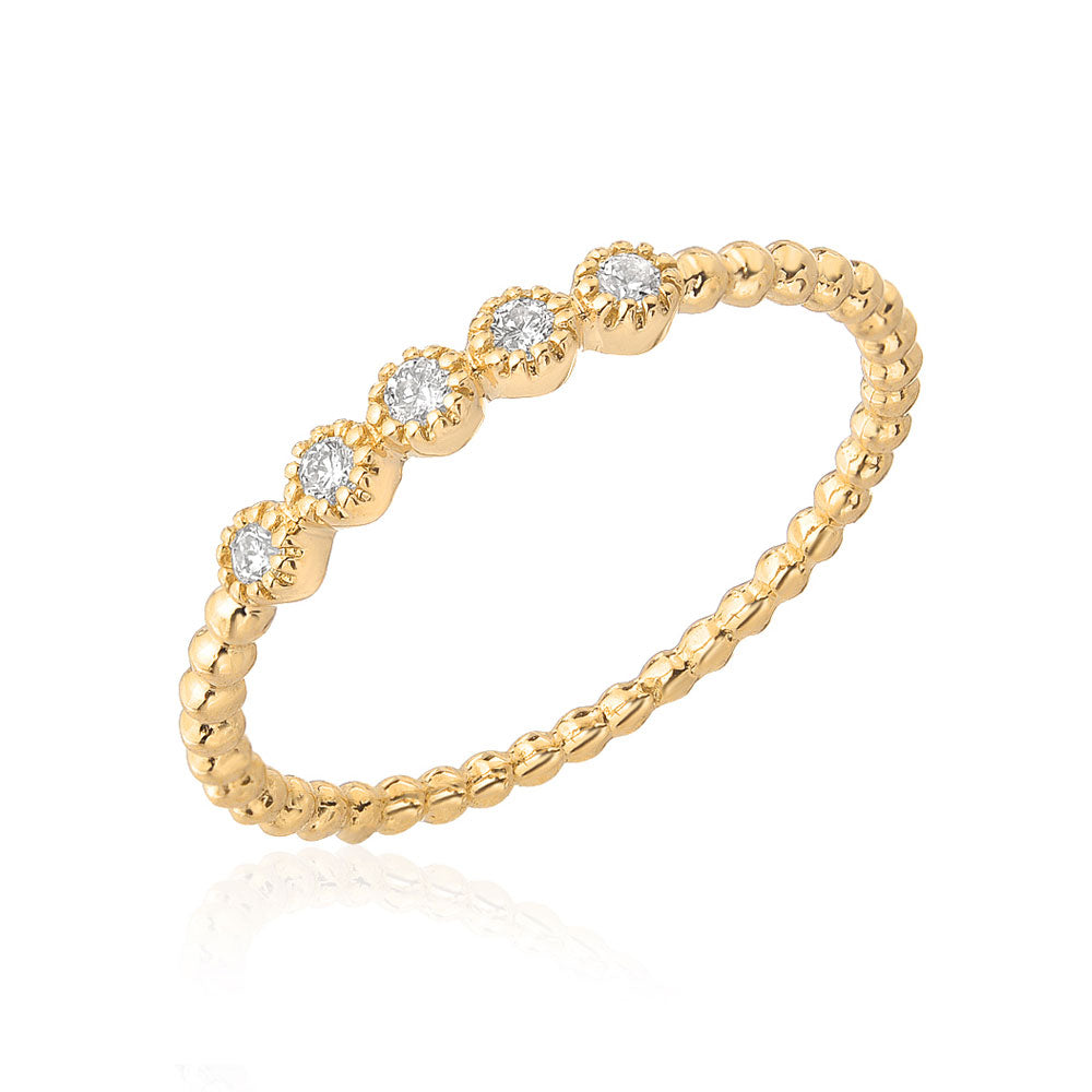 beaded band with 5 bezel set diamonds in yellow gold