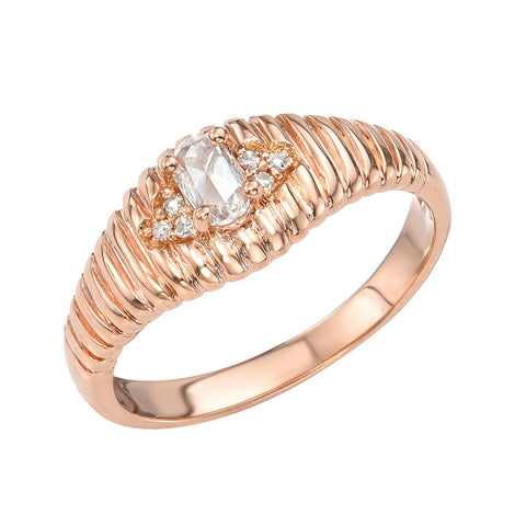 Ribbed Gold Band with Oval Rose Cut Center Stone