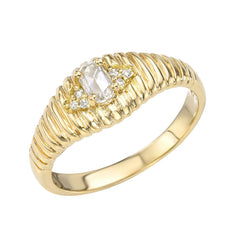 ribbed 3d gold band with white diamonds and rose cut diamonds