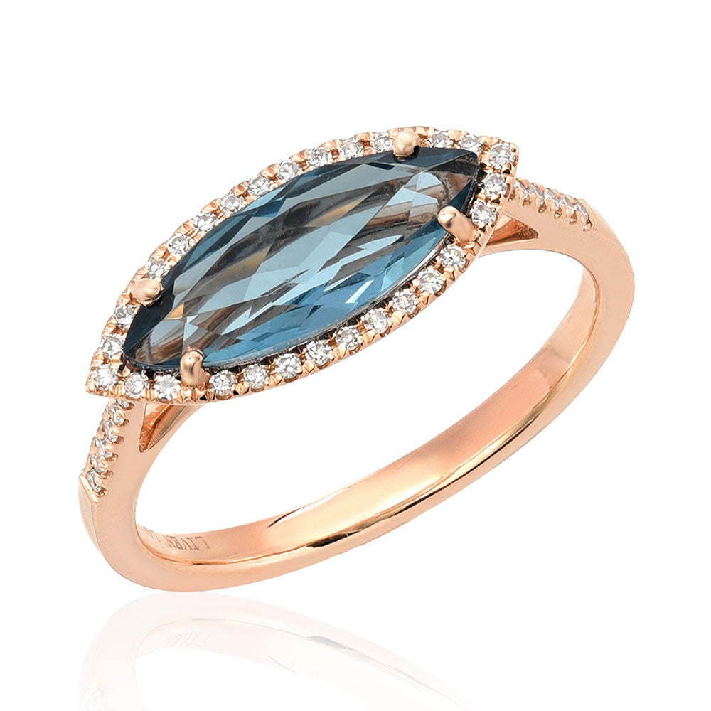 east-west marquise or "evil eye" london blue topaz in gold with diamonds