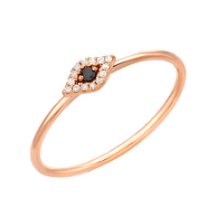black and white diamond mini evil eye on a hand pulled gold wire ring