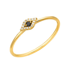 black and white diamond mini evil eye on a hand pulled gold wire ring