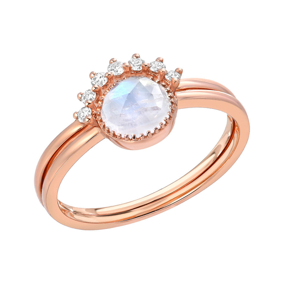 TWO PART SET FEATURING A BEZEL SET ROSE CUT rainbow moonstone AND A DIAMOND ARCH RING