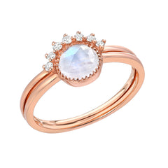 TWO PART SET FEATURING A BEZEL SET ROSE CUT rainbow moonstone AND A DIAMOND ARCH RING
