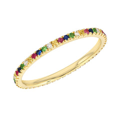 14k solid gold band with micropave diamonds and bright colorful sapphires