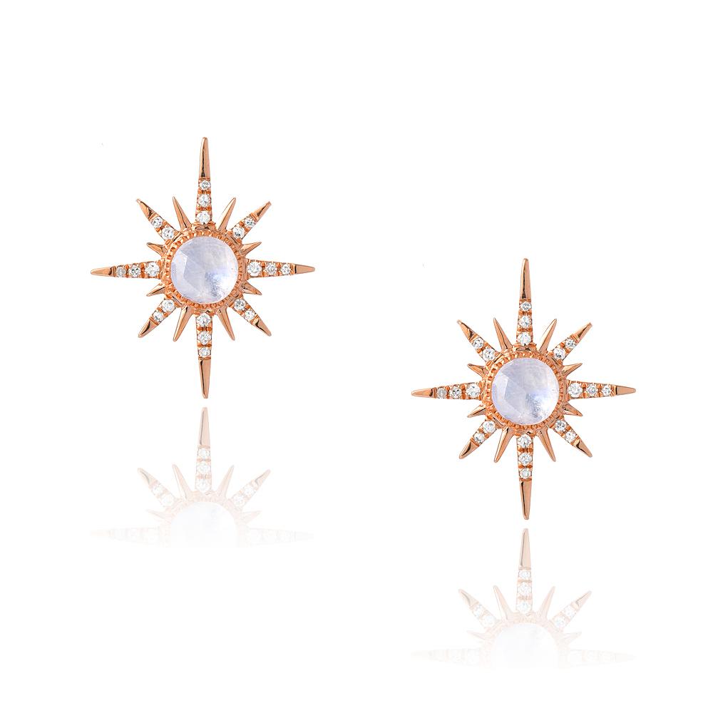 starburst gold earrings with rainbow moonstone centers