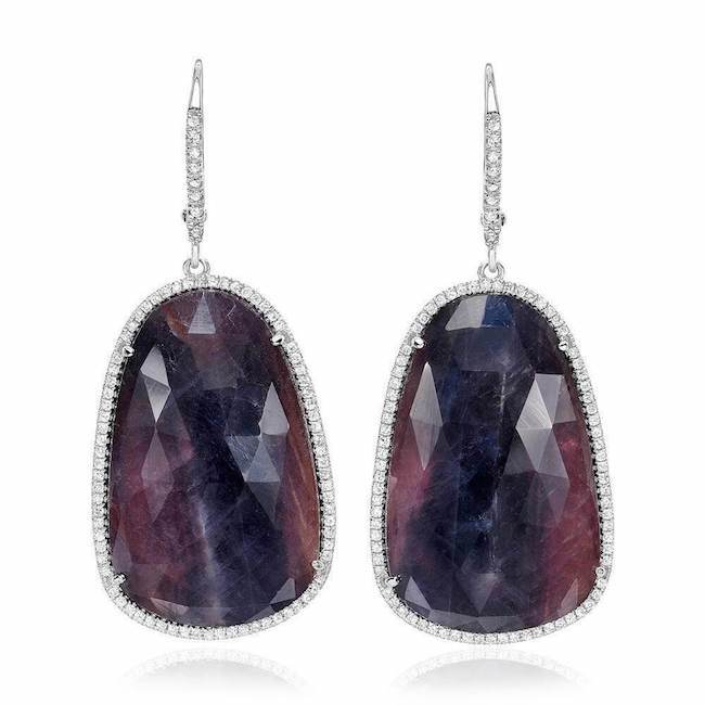 one of a kind sapphire drop earrings with diamonds in white gold